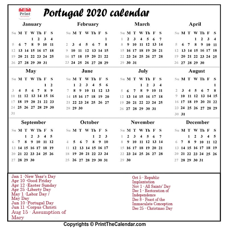 Portugal Calendar 2020 with Portugal Public Holidays